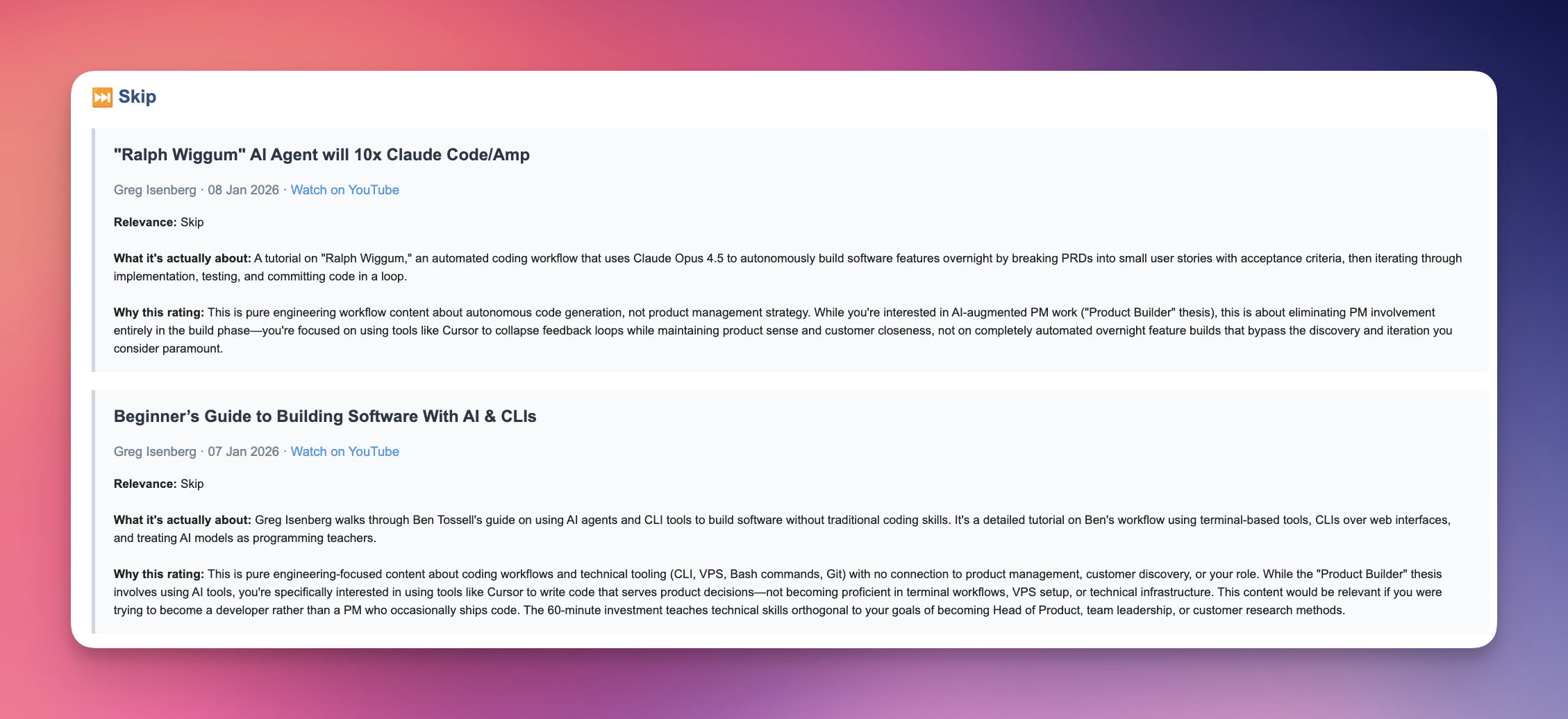 Videos marked as skip with explanations