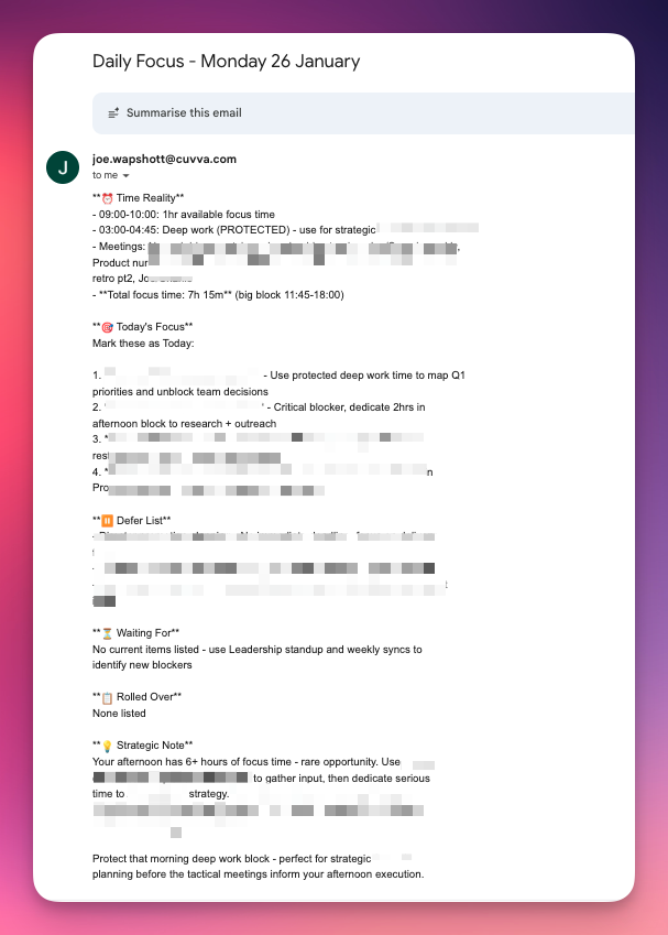 Daily Focus email showing time reality, today's focus, defer list, and strategic notes
