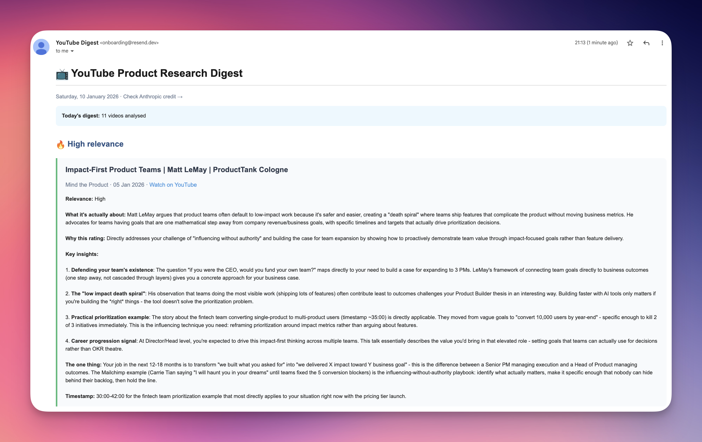 The YouTube Product Research Digest email showing high relevance videos