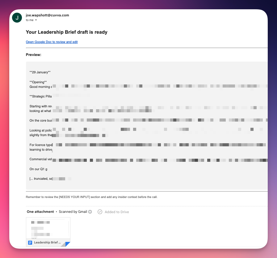Leadership Brief email with preview of the draft and link to Google Doc