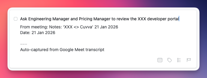 Things 3 task showing an auto-captured action from a Google Meet transcript